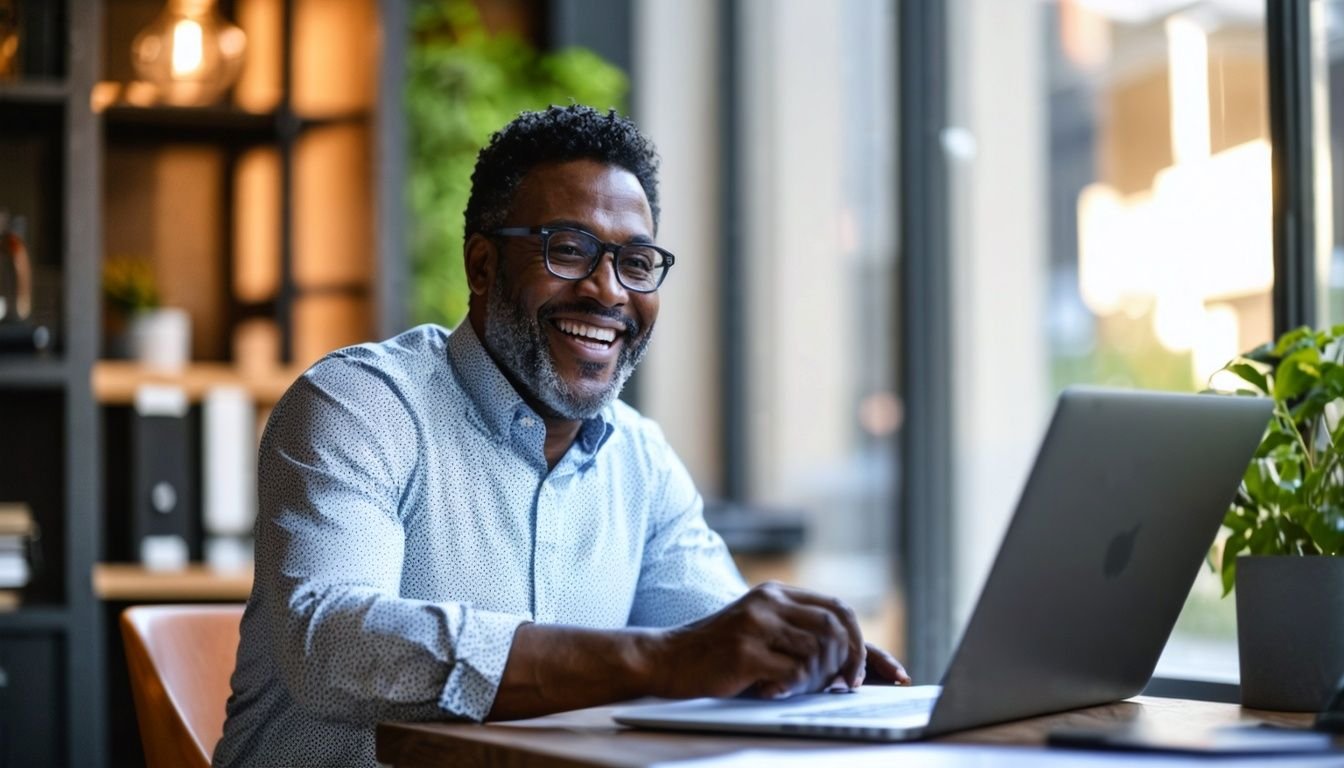 A middle-aged entrepreneur smiles while reviewing federal grant opportunities on their laptop in an office.