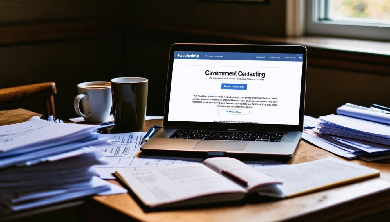 A cluttered desk with a laptop, paperwork, and strategic plans suggests a person engaged in government contracting work. A cluttered desk with a laptop, paperwork, and strategic plans suggests a person engaged in government contracting work.