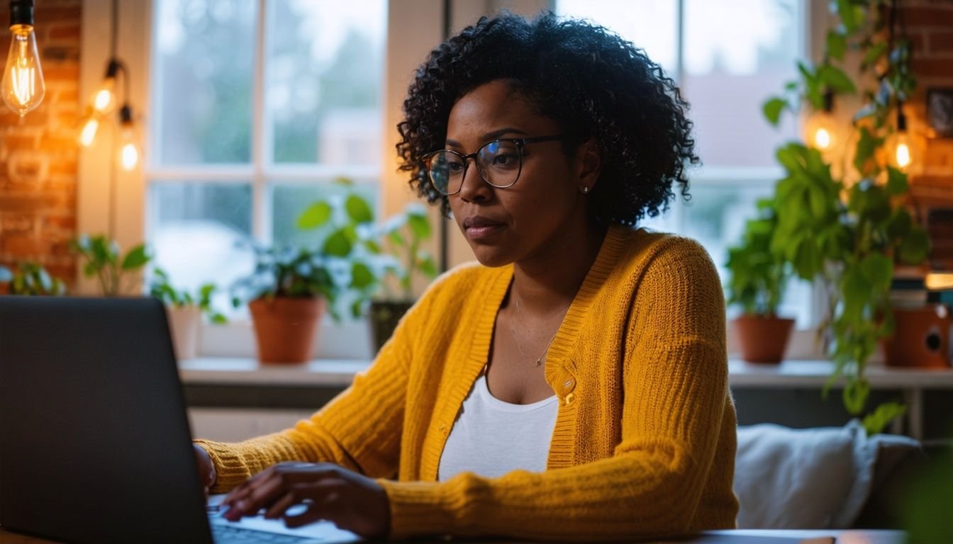 A small business owner in her 30s reviewing UEI numbers on her laptop at home office.