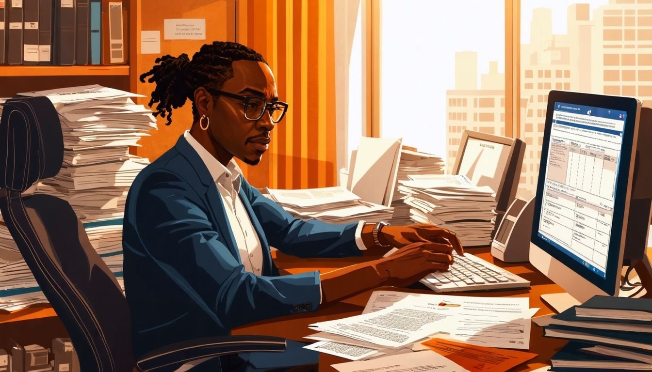 A business owner in their 40s registering for a government contract on their computer. A business owner in their 40s registering for a government contract on their computer.