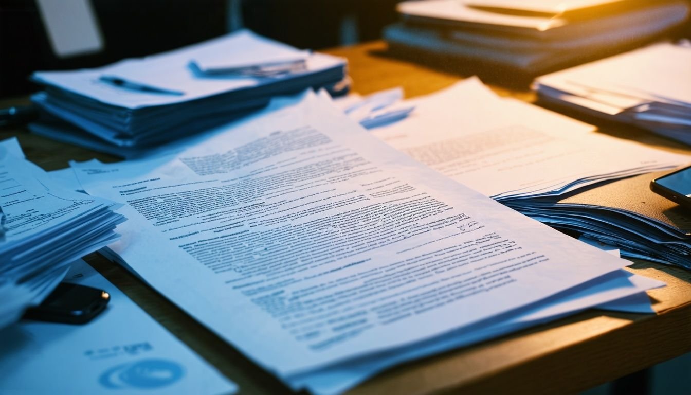A cluttered office desk with government contract documents spread out in a low-quality phone photo. A cluttered office desk with government contract documents spread out in a low-quality phone photo.