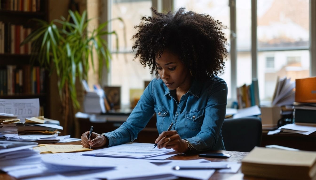 A woman reviews a detailed government contract in her cluttered home office. A woman reviews a detailed government contract in her cluttered home office.