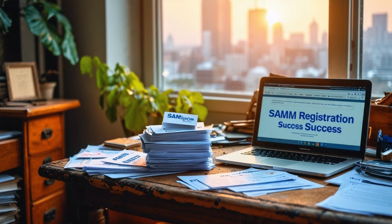 A cluttered desk with SAM gov website, government contracting documents, and business cards indicating successful SAM registration.