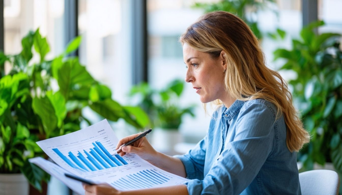 A woman in her mid-30s analyzes a detailed lifecycle costing report in a modern office setting.