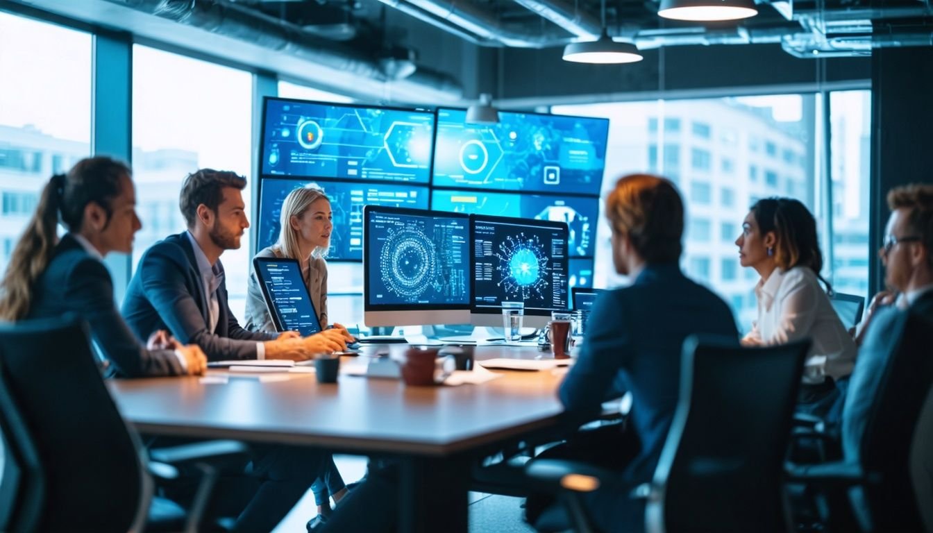 Office setting with business professionals using AI-powered procurement software for collaboration and efficiency. Office setting with business professionals using AI-powered procurement software for collaboration and efficiency.