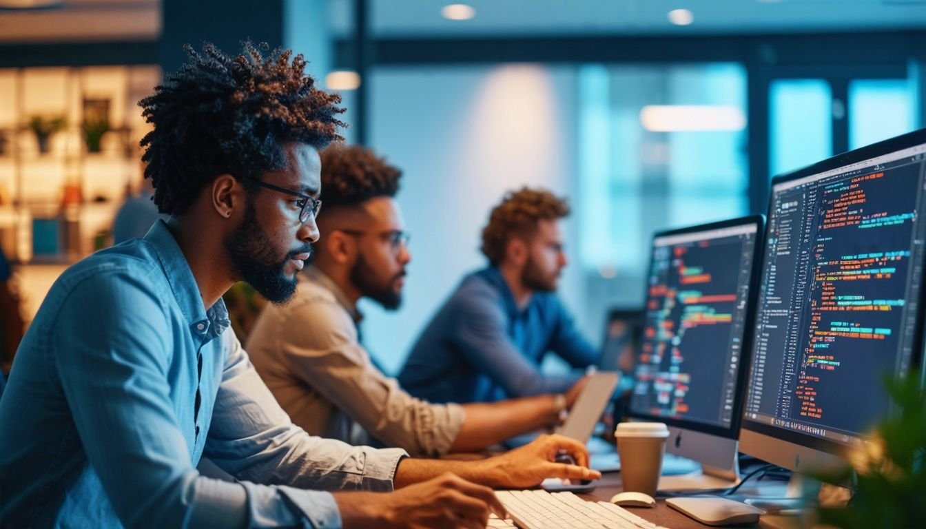 A group of professionals in their 30s analyzing data on computer screens in a modern office. A group of professionals in their 30s analyzing data on computer screens in a modern office.