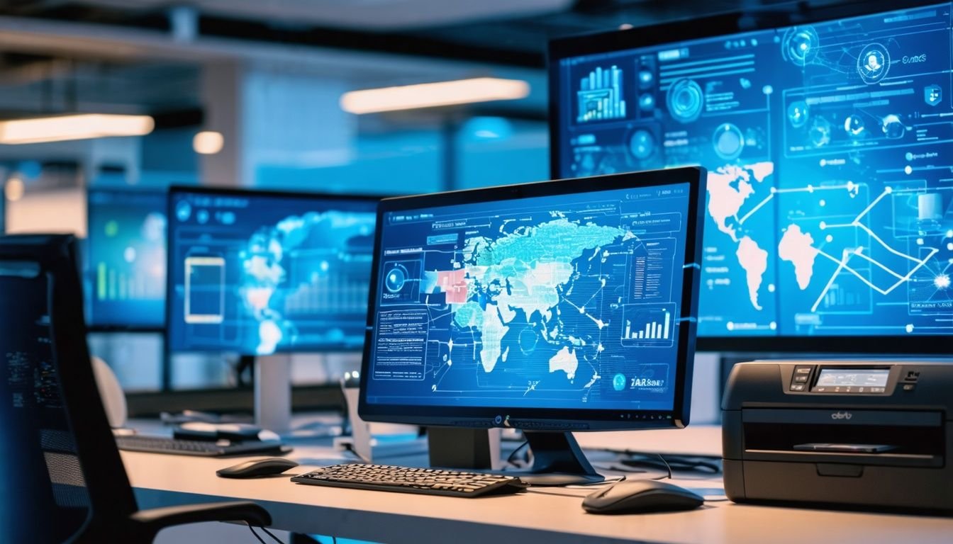An office display demonstrates seamless integration of technology to improve efficiency and connectivity. An office display demonstrates seamless integration of technology to improve efficiency and connectivity.