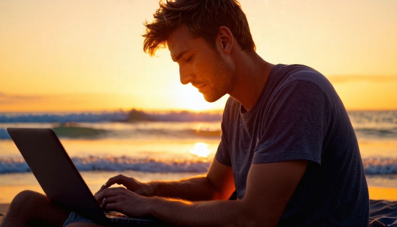 A man in his 30s working on his laptop on a beach with a mobile hotspot device. A man in his 30s working on his laptop on a beach with a mobile hotspot device.