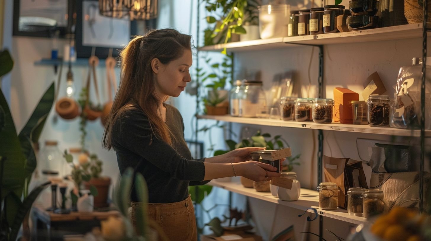 A woman in her late 30s shops for sustainable and eco-friendly products in a small local business.