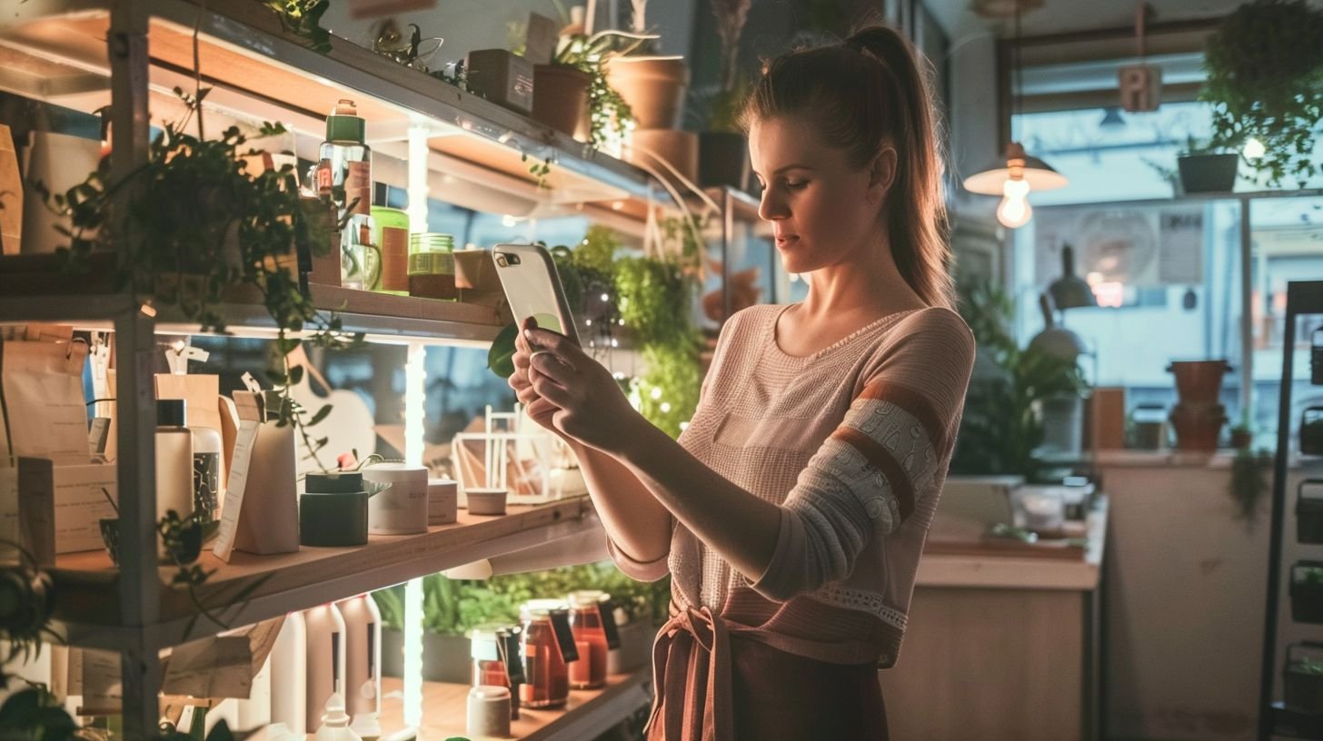A woman in her late 30s shops for sustainable and eco-friendly products in a small local business.