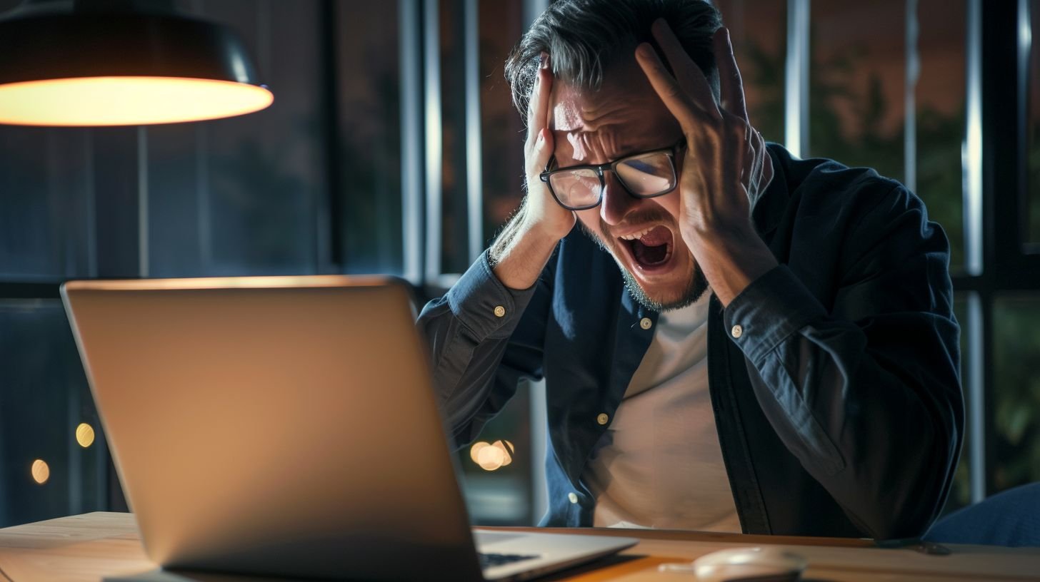 A frustrated male business owner in his 40s attempts outdated procurement processes using a laptop. A frustrated male business owner in his 40s attempts outdated procurement processes using a laptop.