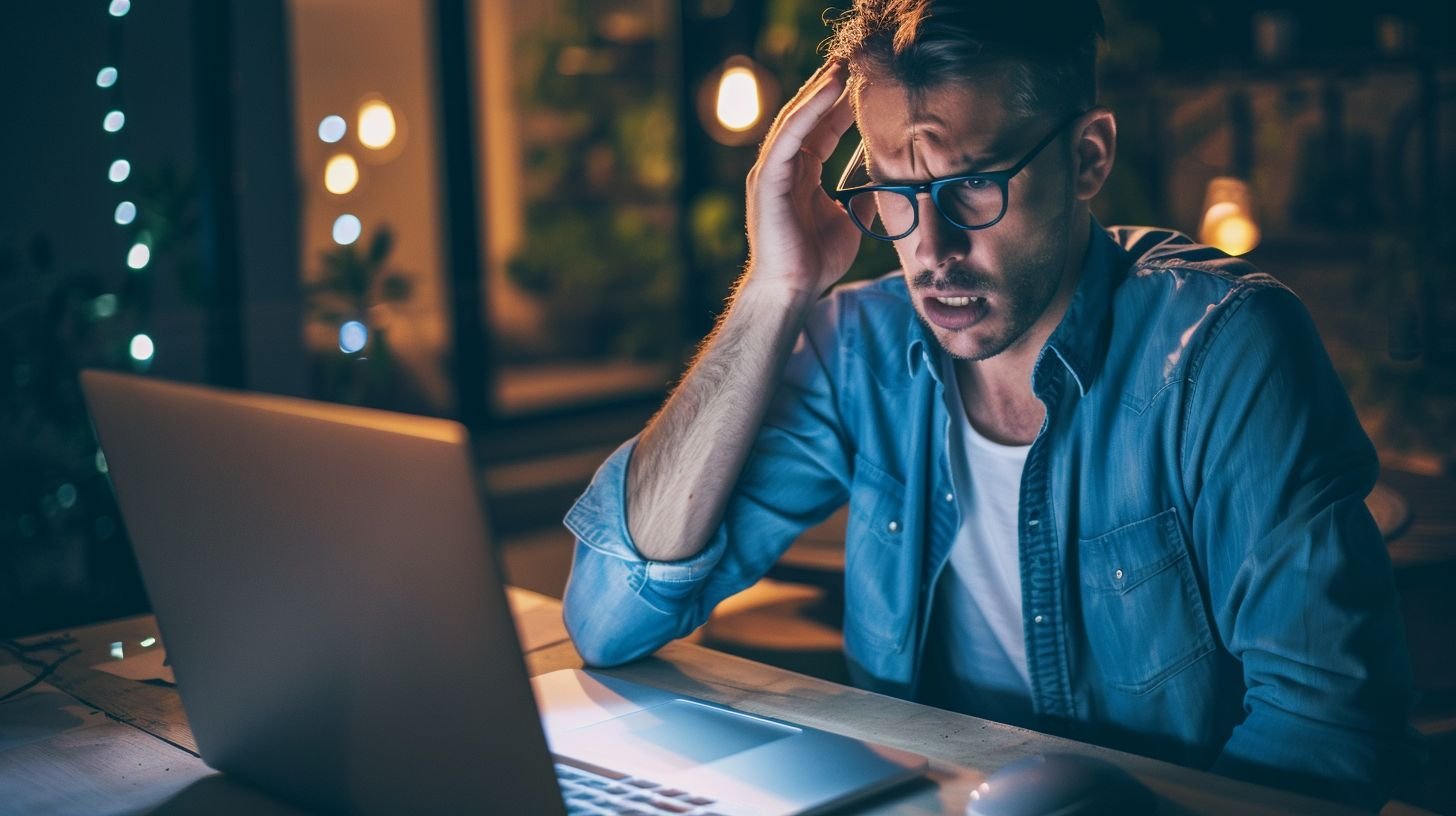 A frustrated male business owner in his 40s attempts outdated procurement processes using a laptop. A frustrated male business owner in his 40s attempts outdated procurement processes using a laptop.